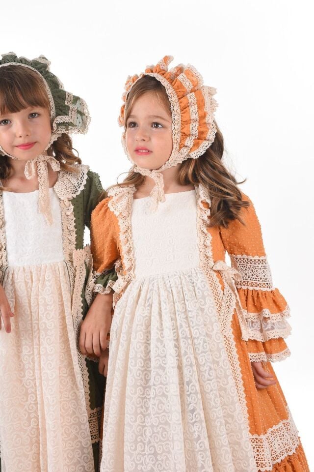 Özel Tasarım Vintage Kız Çocuk Elbise, Saç Aksesuarlı Kız Çocuk Abiye Elbise, Uzun Çocuk Elbise_M2203